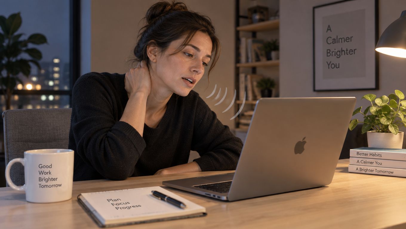 Eine Frau sitzt abends am Schreibtisch vor ihrem MacBook und spricht mit der integrierten Sprachsteuerung.