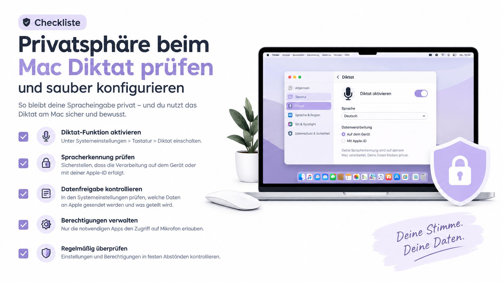Checkliste zur sicheren Konfiguration der Mac Diktat-Funktion für mehr Datenschutz bei der Spracheingabe auf Apple Geräten.