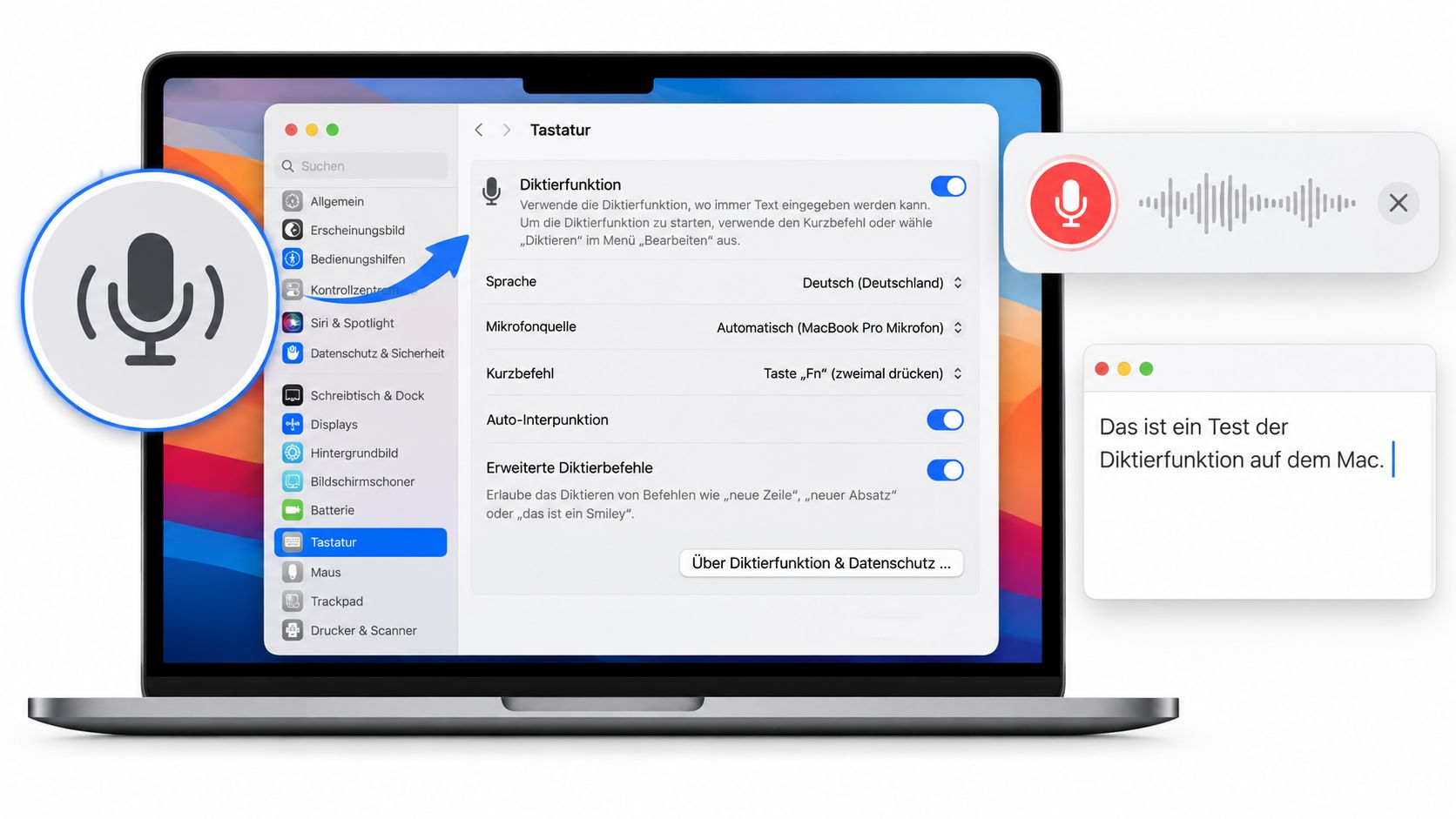 Die Systemeinstellungen für die Diktierfunktion auf einem Apple MacBook mit einer aktiven Mikrofon-Anzeige für Spracherkennung.
