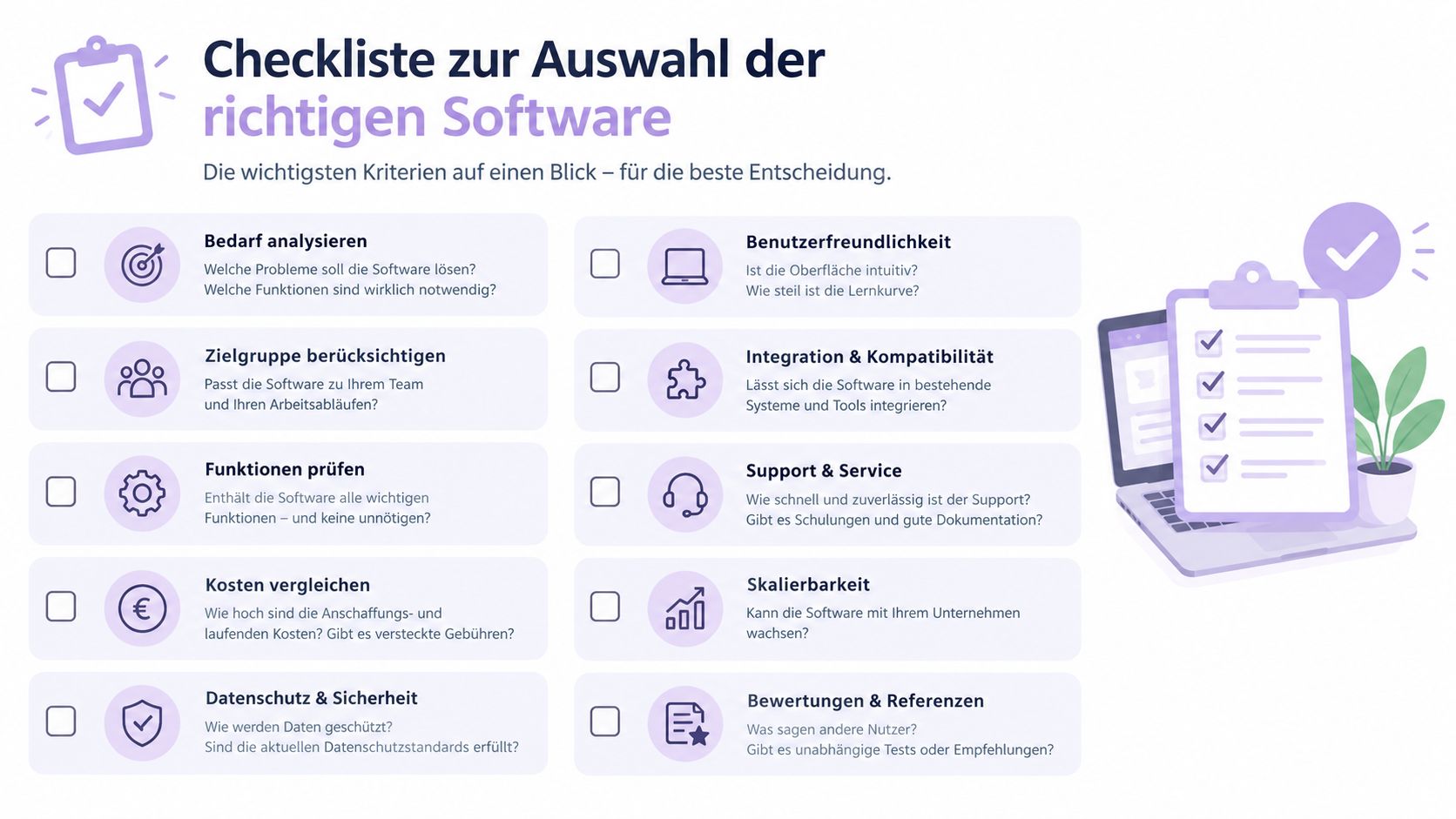 Eine Checkliste für die Auswahl der richtigen Software mit den zehn wichtigsten Kriterien für Entscheidungsprozesse.
