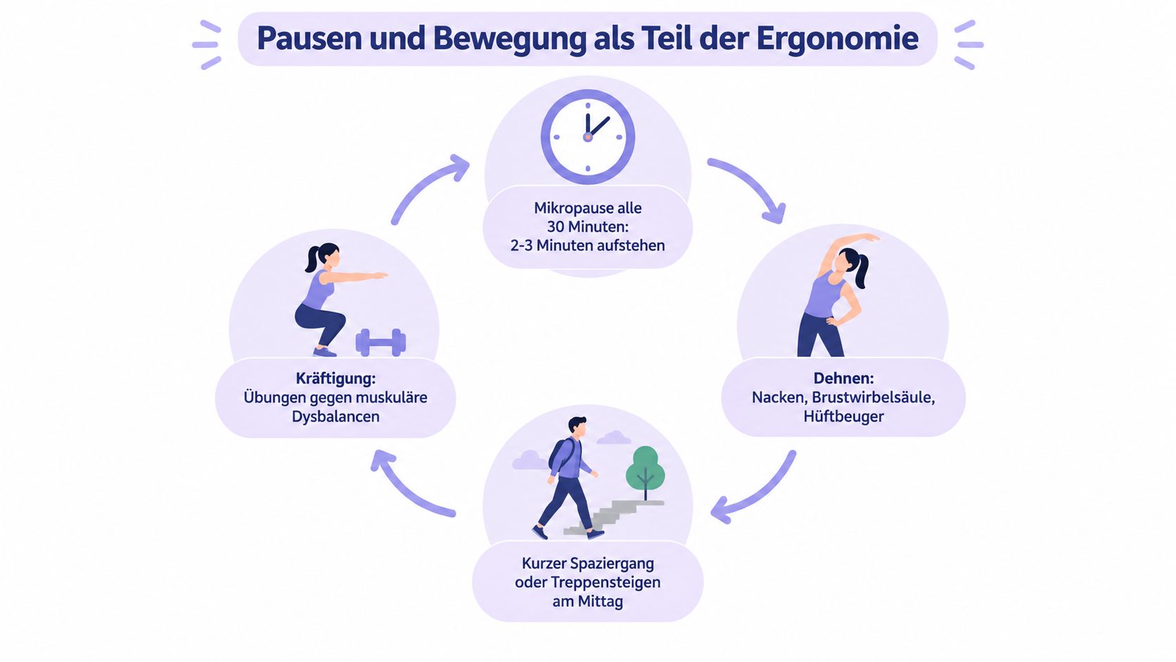 Eine Infografik zur Ergonomie im Homeoffice zeigt Tipps für Pausen, Dehnübungen, Spaziergänge und gezieltes Muskeltraining.