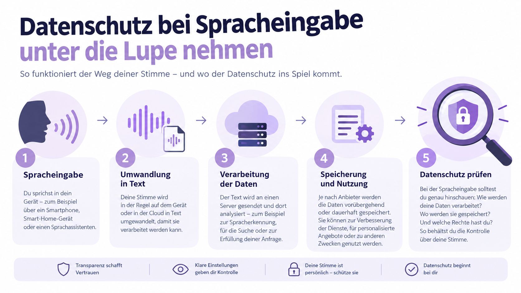 Eine Infografik mit fünf Schritten erklärt den Datenschutz bei der Nutzung von Sprachassistenten und digitaler Spracheingabe.