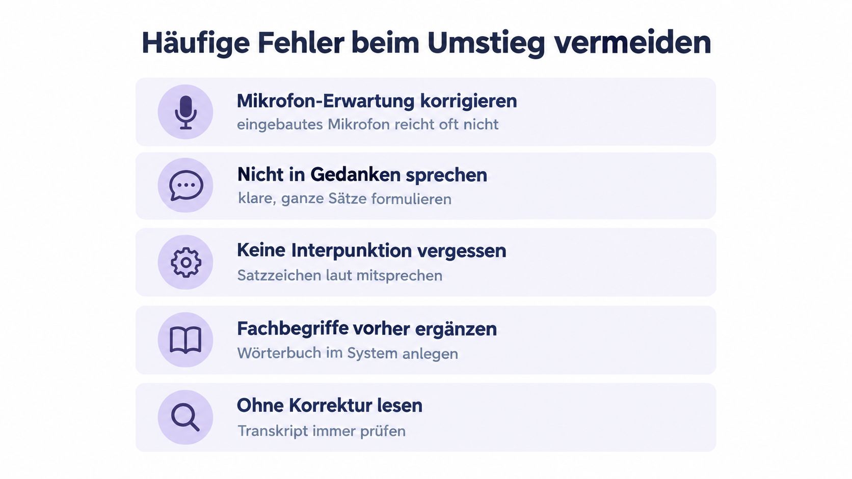 Eine Infografik mit fünf Tipps zur Vermeidung von Fehlern bei der Nutzung von Spracherkennung für effizienteres Schreiben.