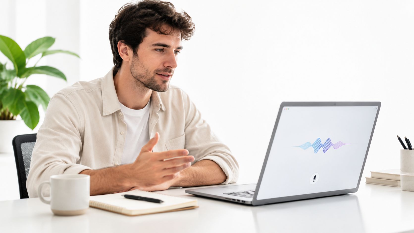 Ein junger Mann im Hemd sitzt vor einem Laptop, während er mit einer Spracherkennungs-Software interagiert.