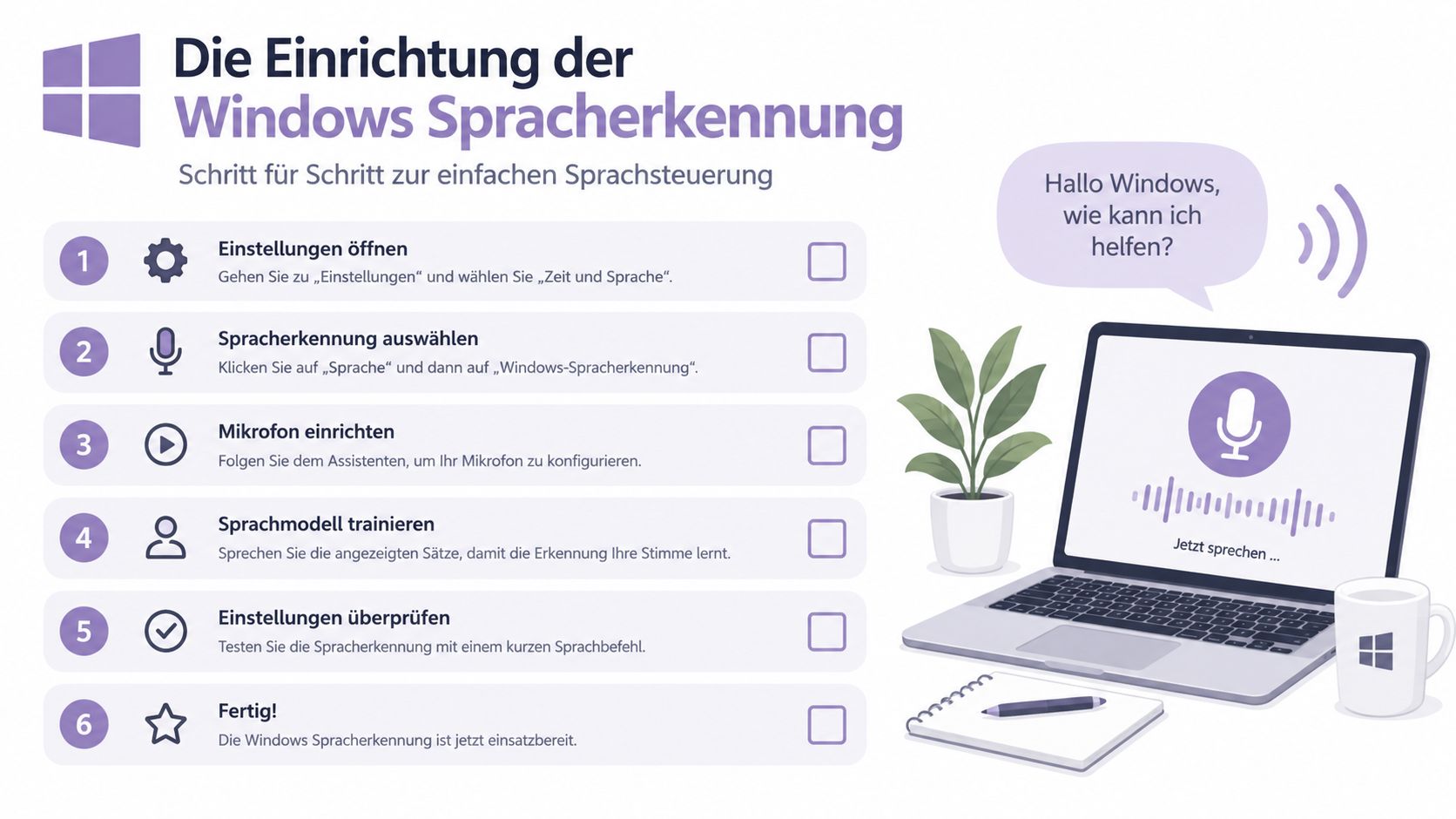 Eine Schritt-für-Schritt-Anleitung zur Einrichtung der Windows-Spracherkennung für eine einfache Sprachsteuerung am Computer.