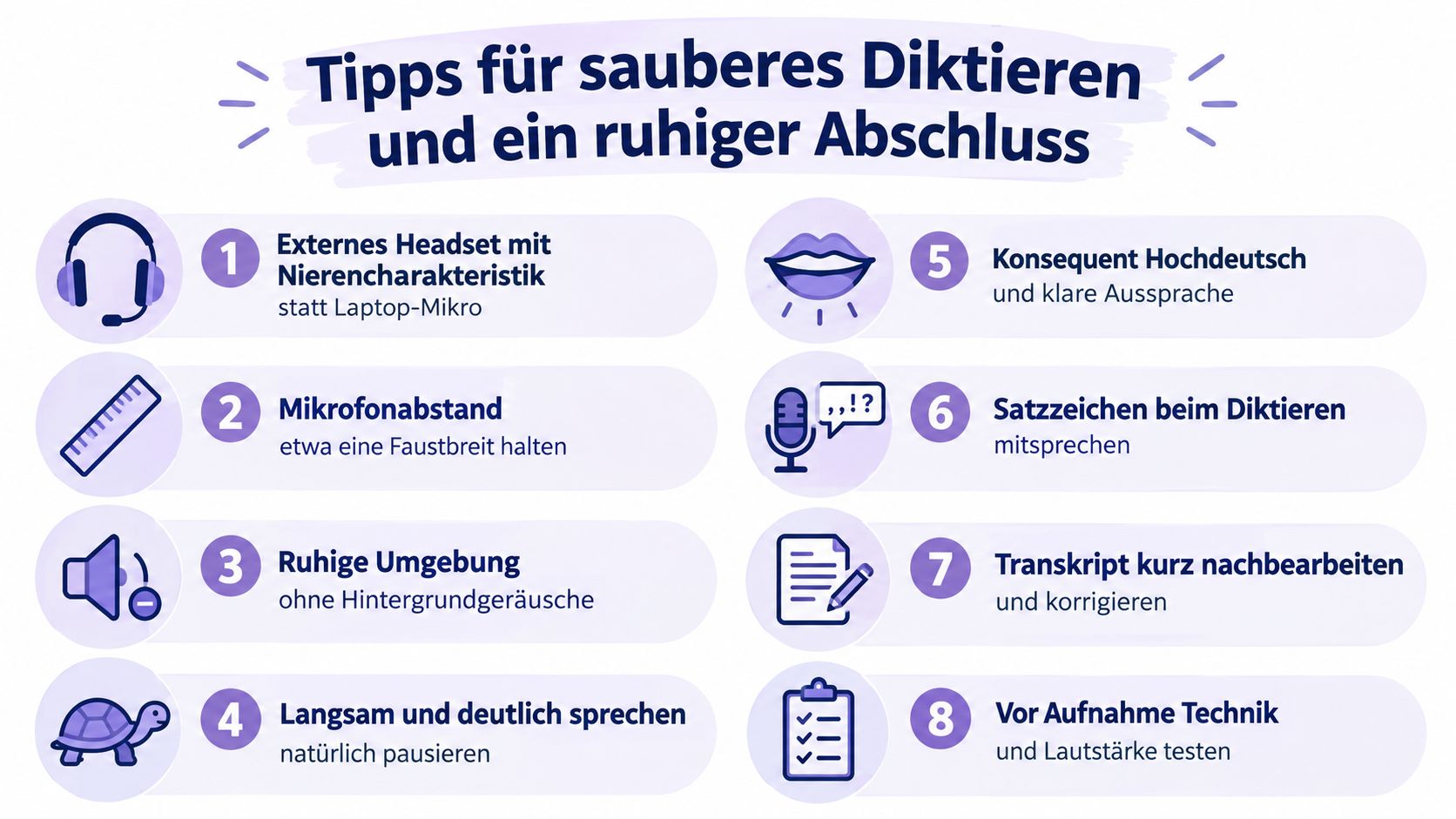 Infografik mit acht hilfreichen Tipps für sauberes Diktieren und eine präzise Spracherkennung am Computer oder Laptop.