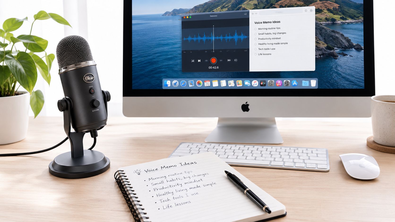 Ein Schreibtisch mit einem Apple Computer, einem Blue Yeti Mikrofon und einem Notizbuch für Voice Memo Ideen.