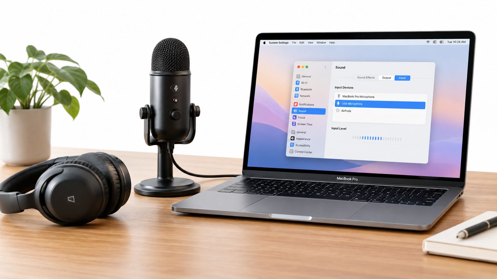Ein MacBook Pro auf einem Schreibtisch mit einem angeschlossenen USB-Mikrofon und Kopfhörern für Audioaufnahmen.