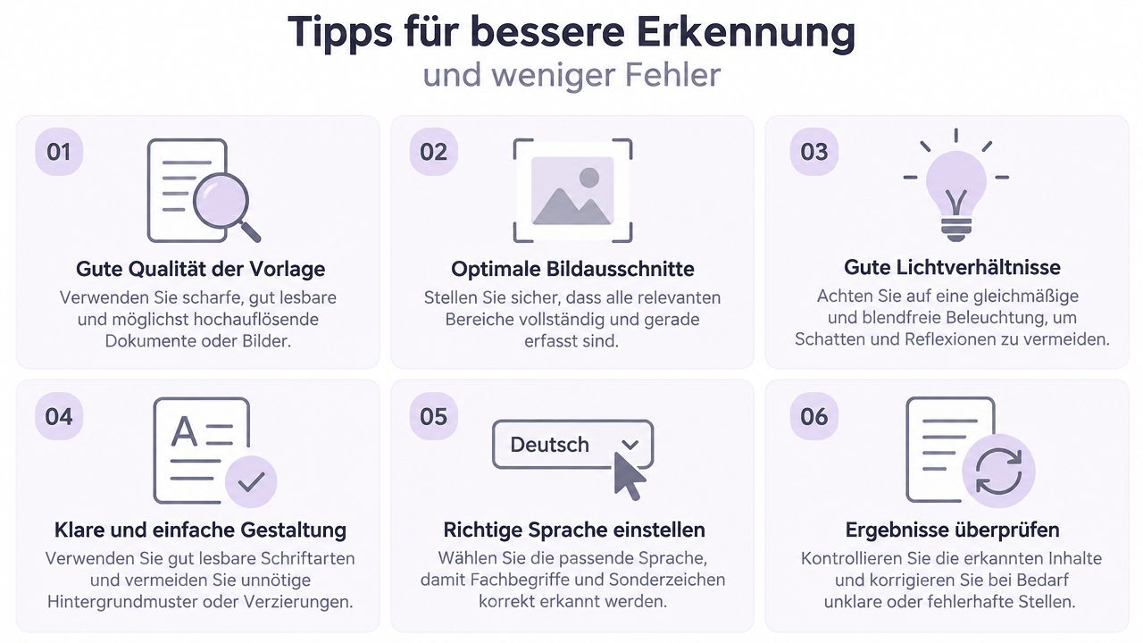 Eine Infografik mit sechs Tipps zur Verbesserung der Texterkennung und Fehlervermeidung bei Dokumenten und Bildern.