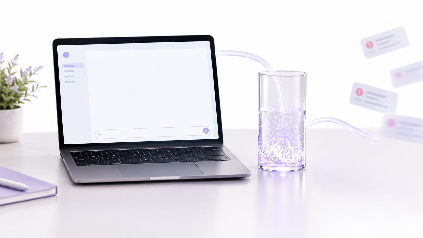 Ein Laptop ist mit einem gläsernen Behälter verbunden, aus dem digitale Daten wie Lichtpartikel in Blasen fließen.