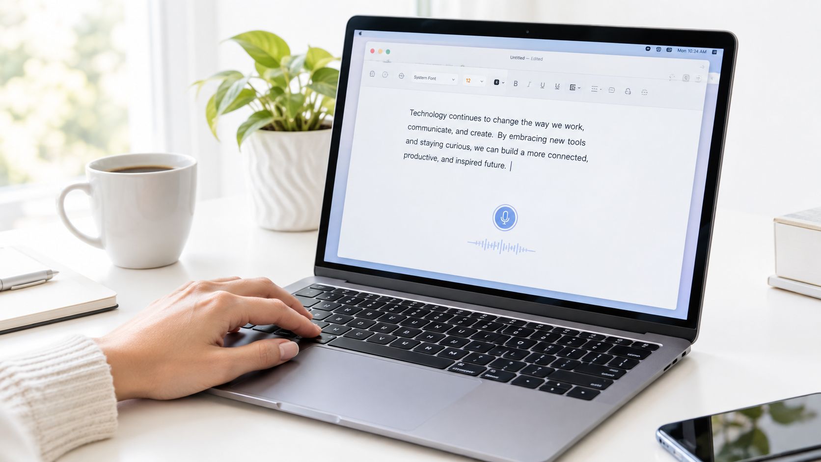 Eine Person benutzt eine Sprach-zu-Text-Funktion auf ihrem Laptop in einer hellen, modernen Arbeitsumgebung.