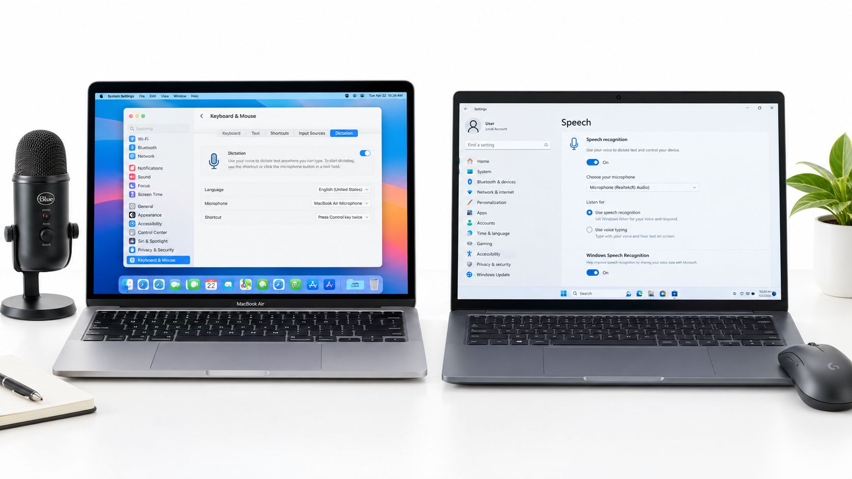 Ein Apple MacBook Air und ein Windows Laptop stehen nebeneinander mit geöffneten Spracheinstellungen auf einem weißen Tisch.