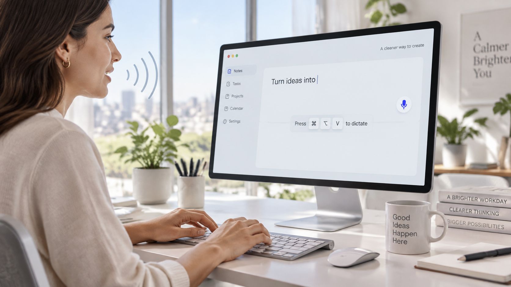 Eine Frau arbeitet an ihrem Computer und nutzt eine Spracherkennungssoftware, um Notizen effizient zu erfassen.