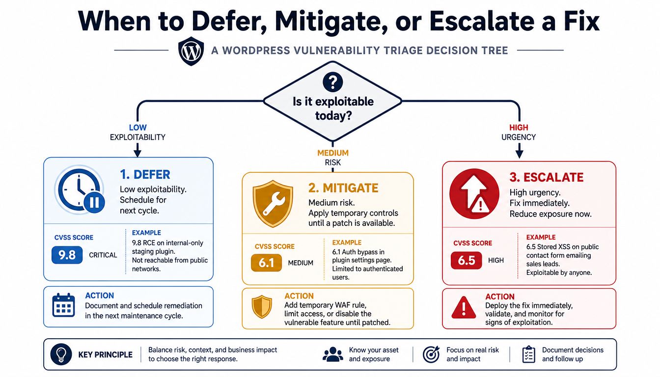 A decision tree infographic titled When to Defer, Mitigate, or Escalate a Fix for WordPress vulnerabilities.