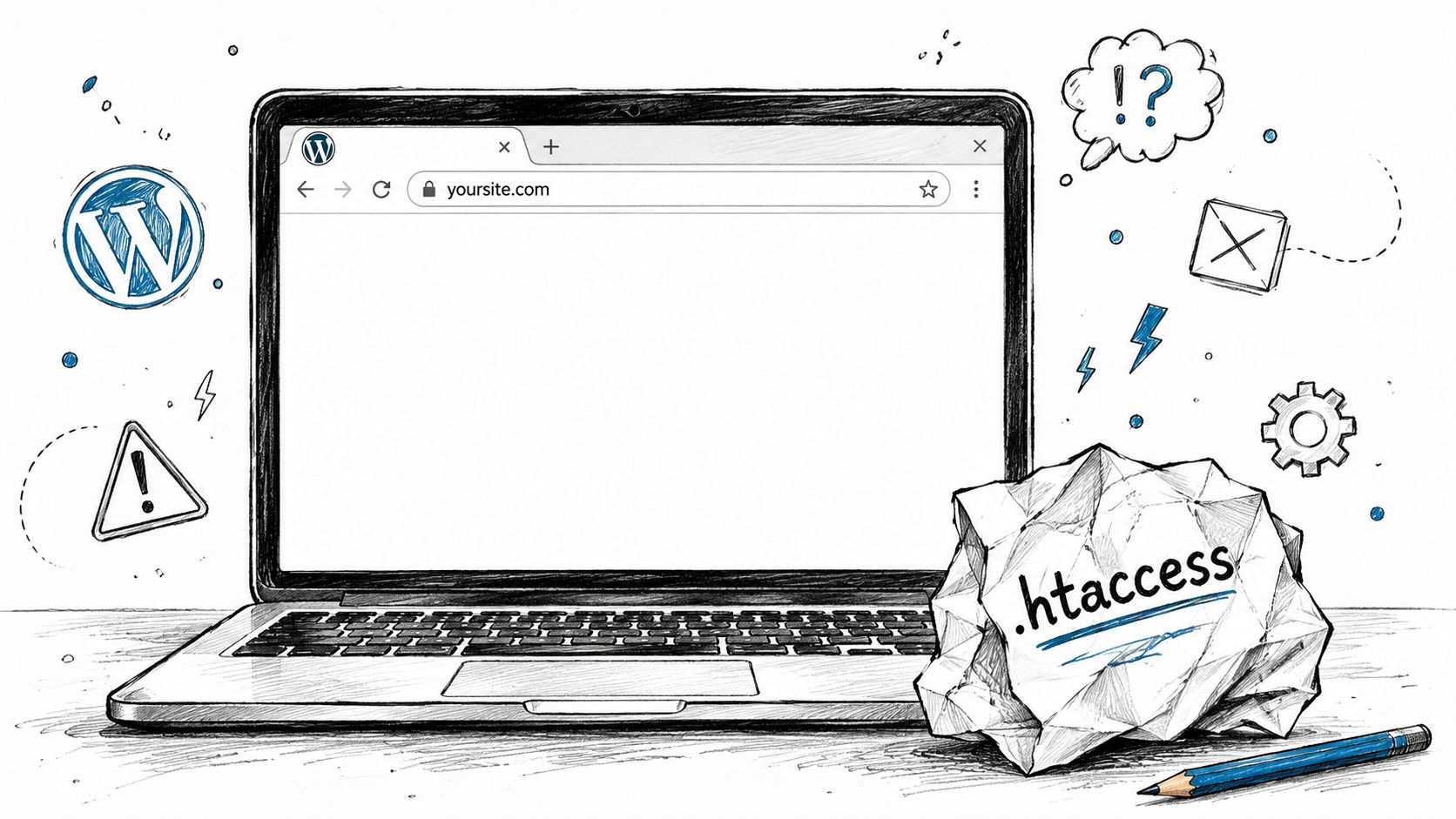 A hand-drawn illustration featuring a laptop with a WordPress icon and a crumpled paper labeled htaccess.