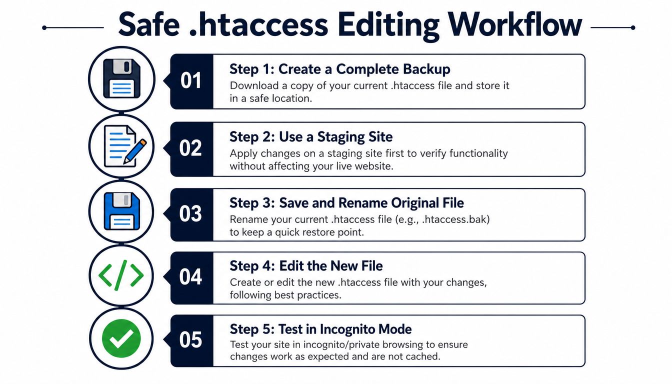 A five-step infographic illustrating a safe and secure workflow for editing a website .htaccess configuration file.