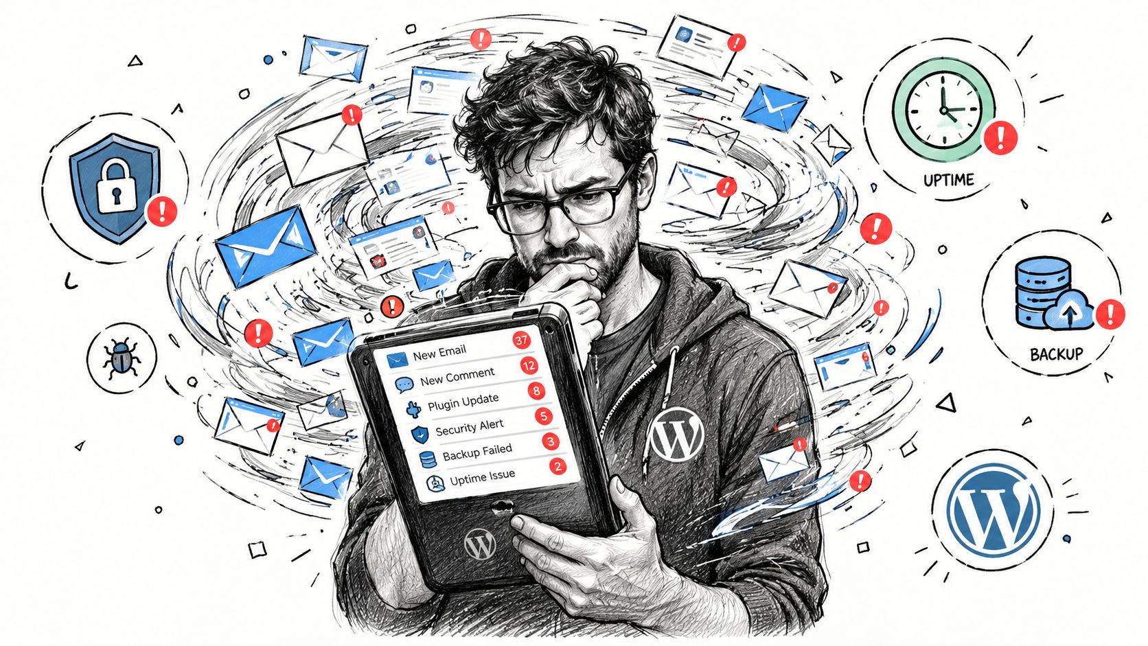 Stressed person managing digital notifications and WordPress website maintenance alerts on a tablet device.