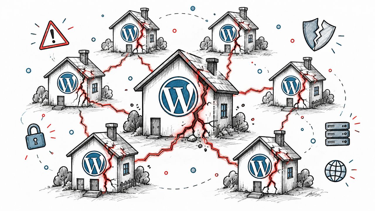 A digital illustration showing multiple WordPress houses connected by cracks symbolizing a multisite security vulnerability breach.