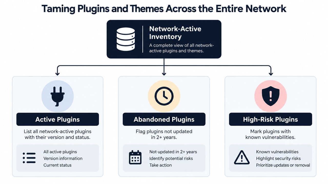 A diagram illustrating how to manage network-active plugins and themes for improved WordPress multisite security.