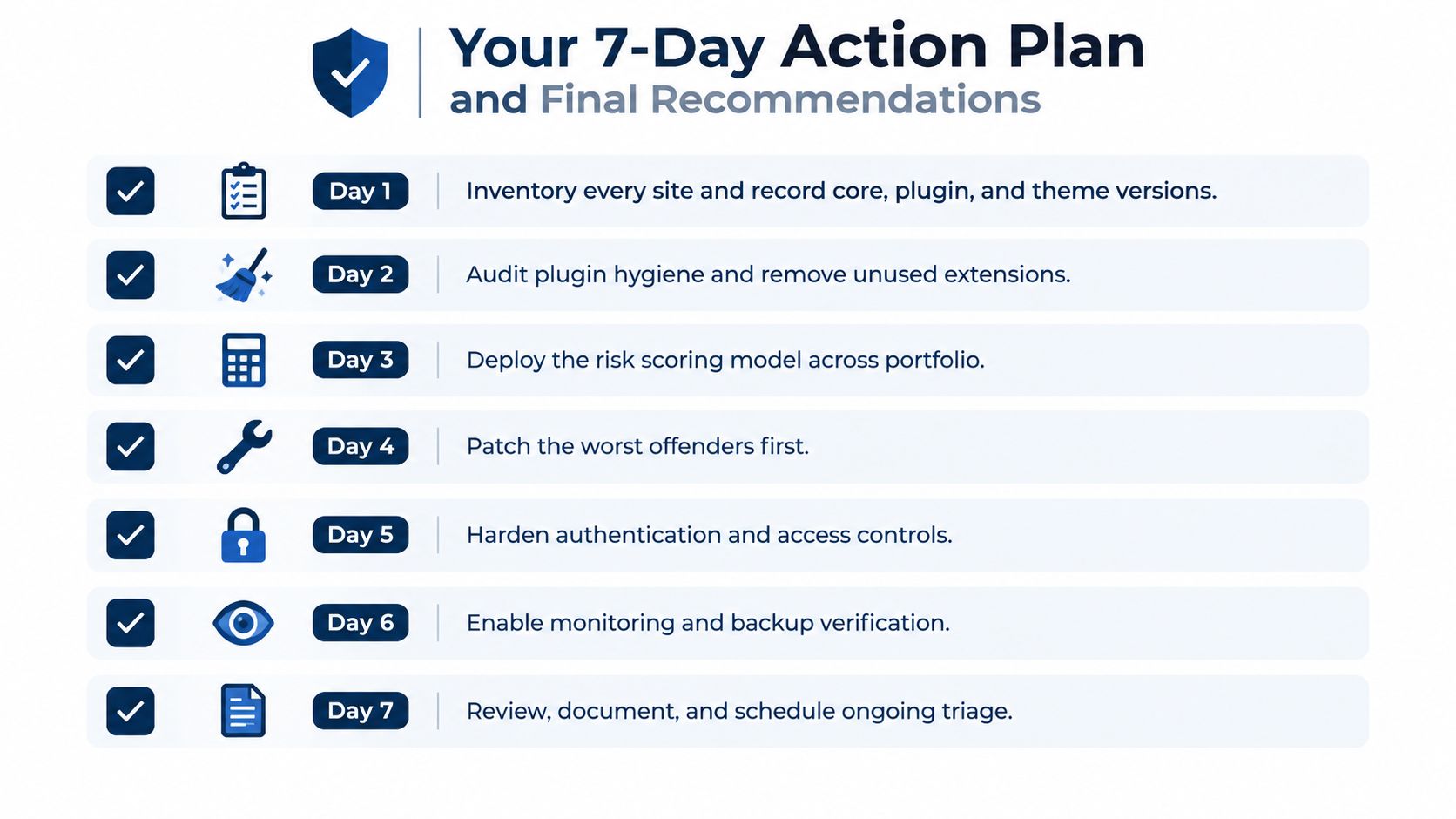 A 7-day action plan checklist for improving website security and managing plugin vulnerabilities systematically.