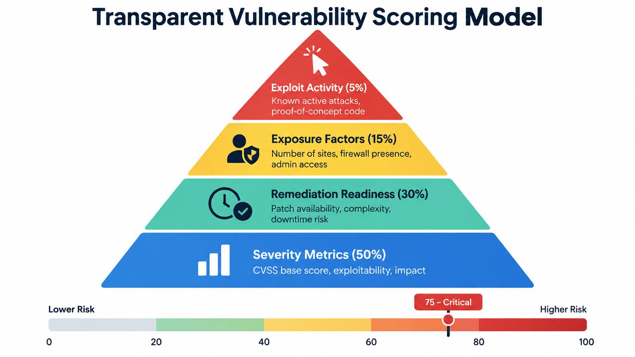 A pyramid chart illustrating a transparent vulnerability scoring model for assessing risk based on multiple security factors.