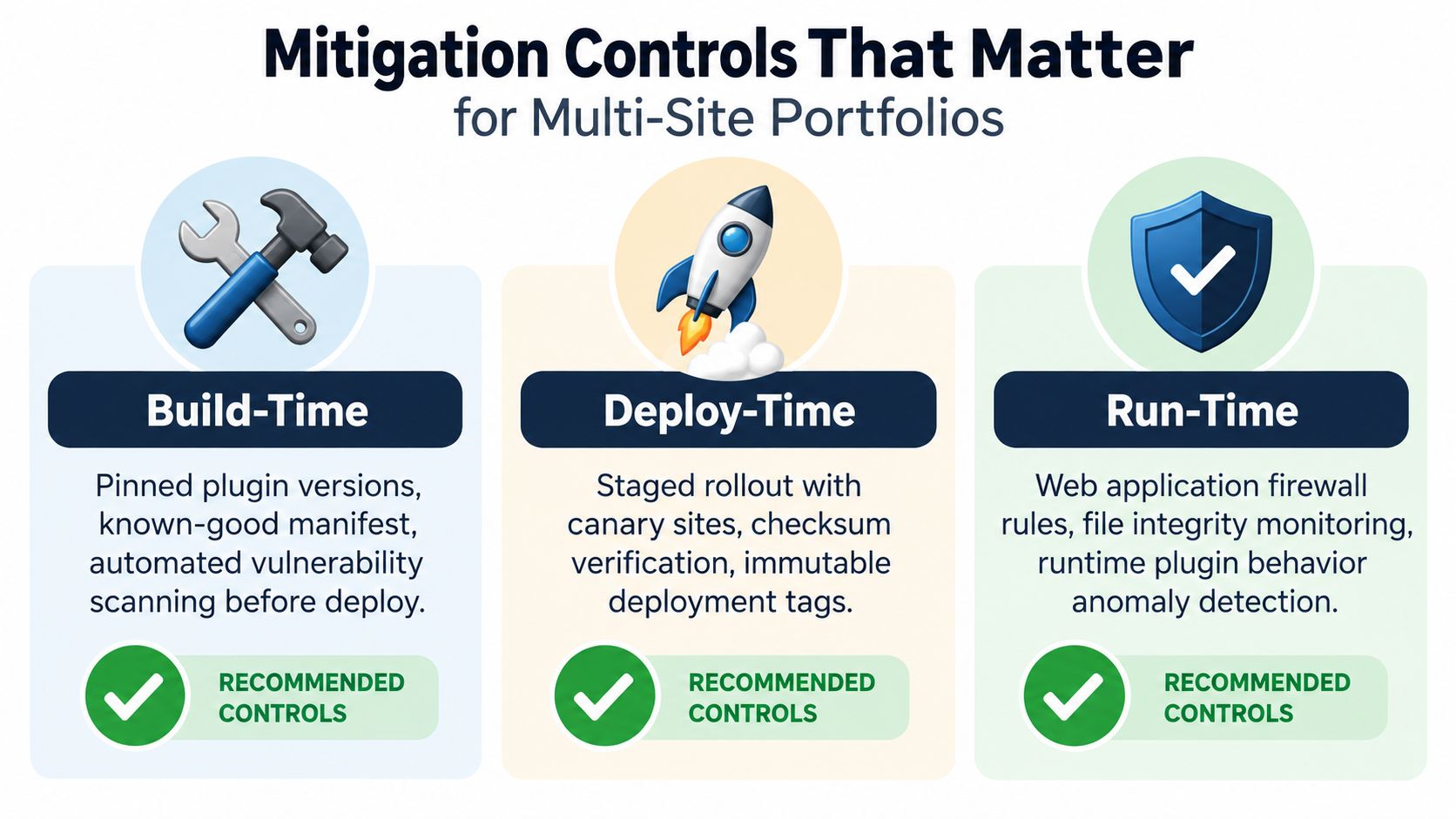 A diagram illustrating recommended mitigation controls for multi-site portfolios, divided into build-time, deploy-time, and run-time security categories.