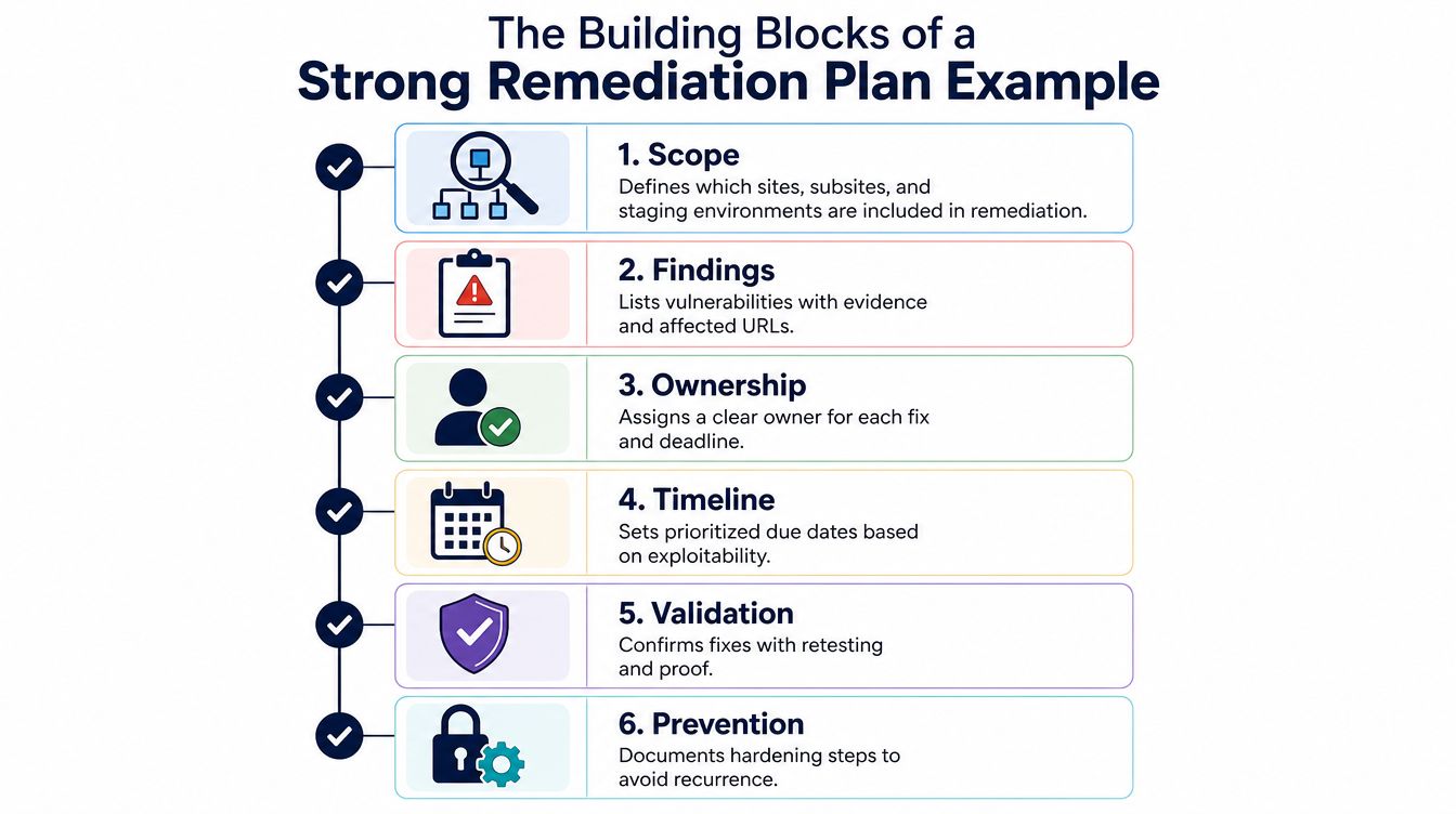 A diagram illustrating the six key building blocks required for a strong cybersecurity remediation plan example.