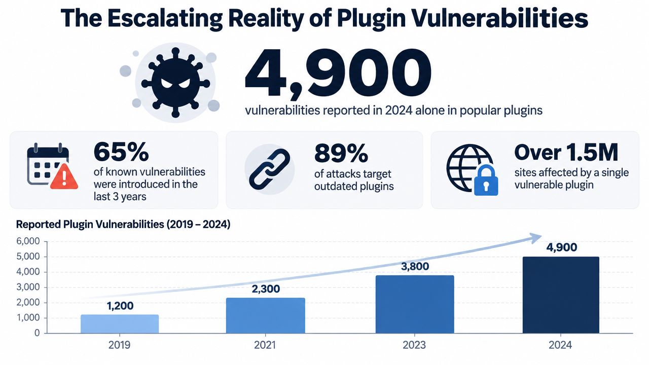 A chart showing the significant increase in reported plugin vulnerabilities in websites from 2019 to 2024.
