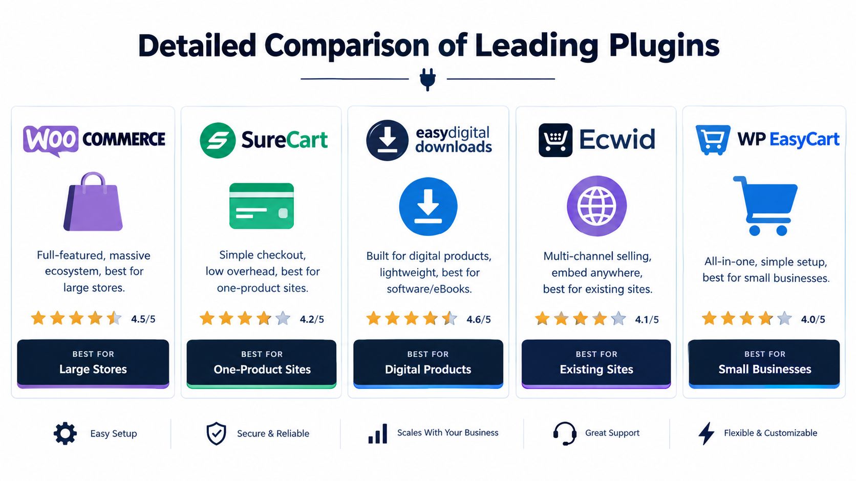 A comparison chart of five leading WordPress e-commerce plugins featuring their ratings and primary use cases.