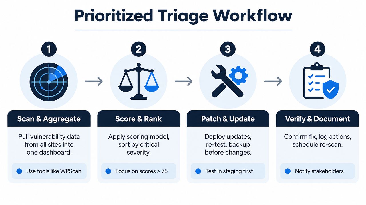 A four-step infographic illustrating a prioritized triage workflow for managing vulnerability data in web security.