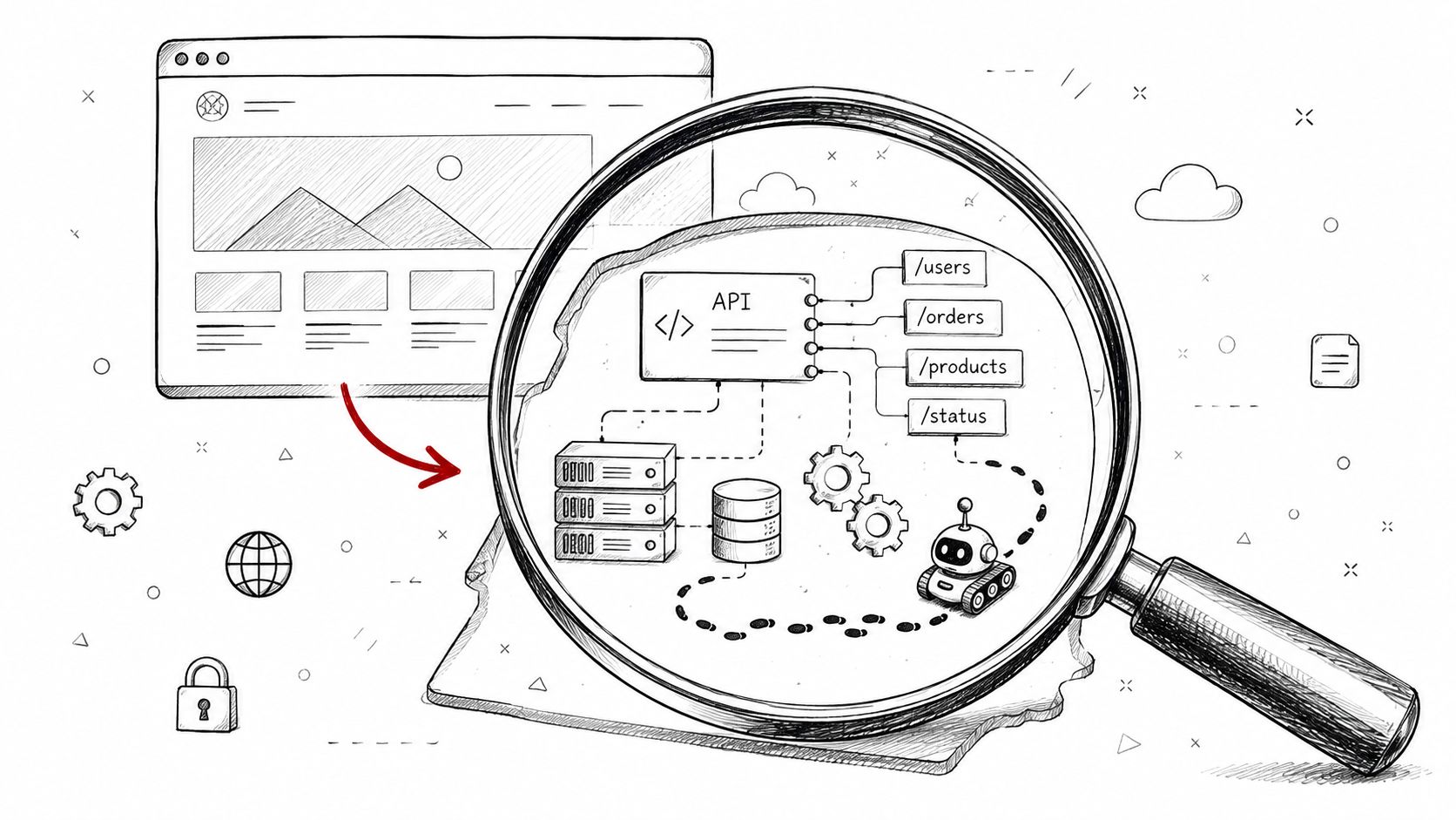 A hand-drawn illustration showing a web interface being inspected by a magnifying glass revealing backend API infrastructure.