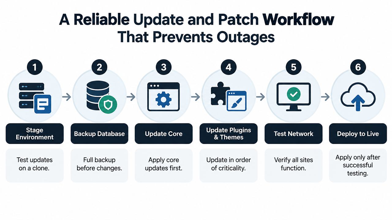 A six-step workflow diagram illustrating a reliable process for updating and patching a WordPress multisite environment.