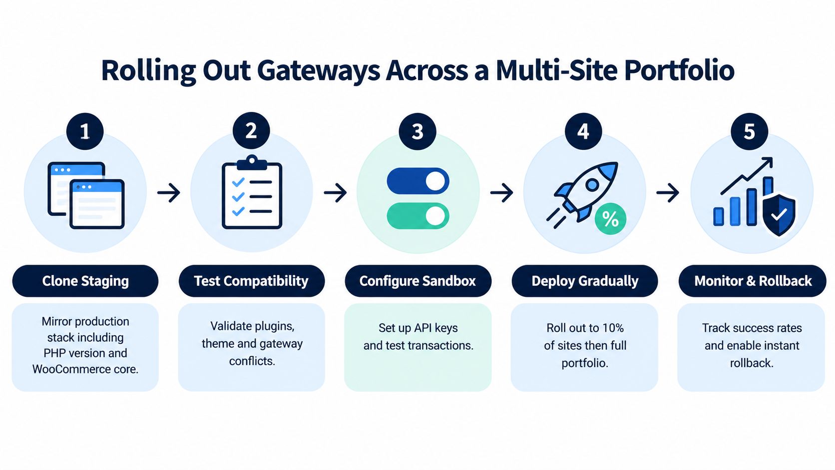 A five-step infographic showing the process for rolling out payment gateways across a WooCommerce multi-site portfolio.
