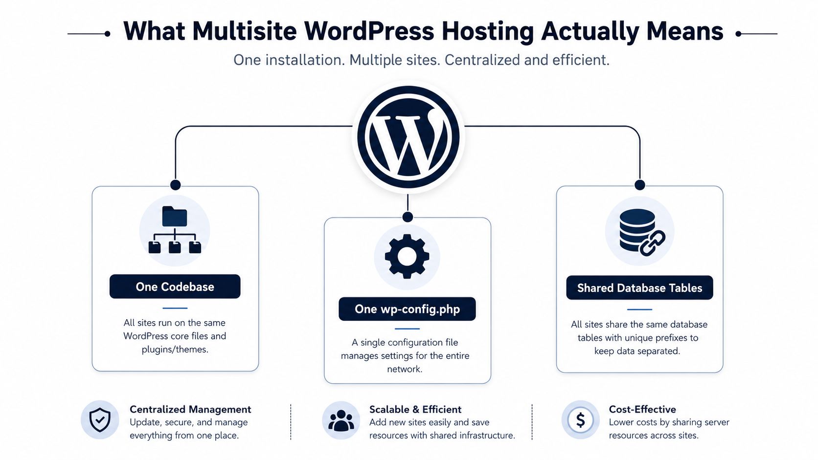 A diagram explaining WordPress Multisite hosting featuring one codebase, one config file, and shared database tables.