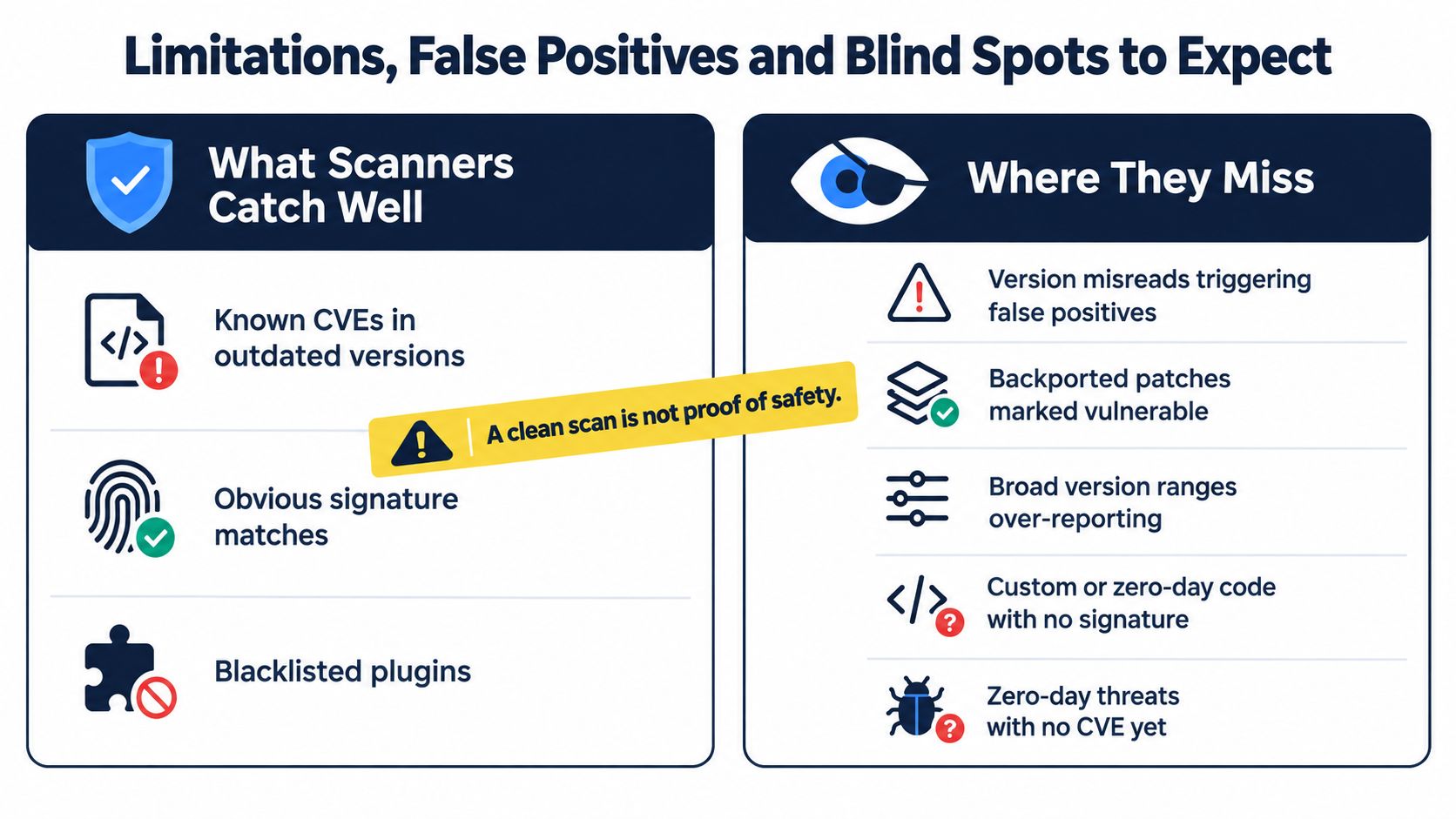 An infographic highlighting the limitations, false positives, and blind spots associated with automated vulnerability security scanners.