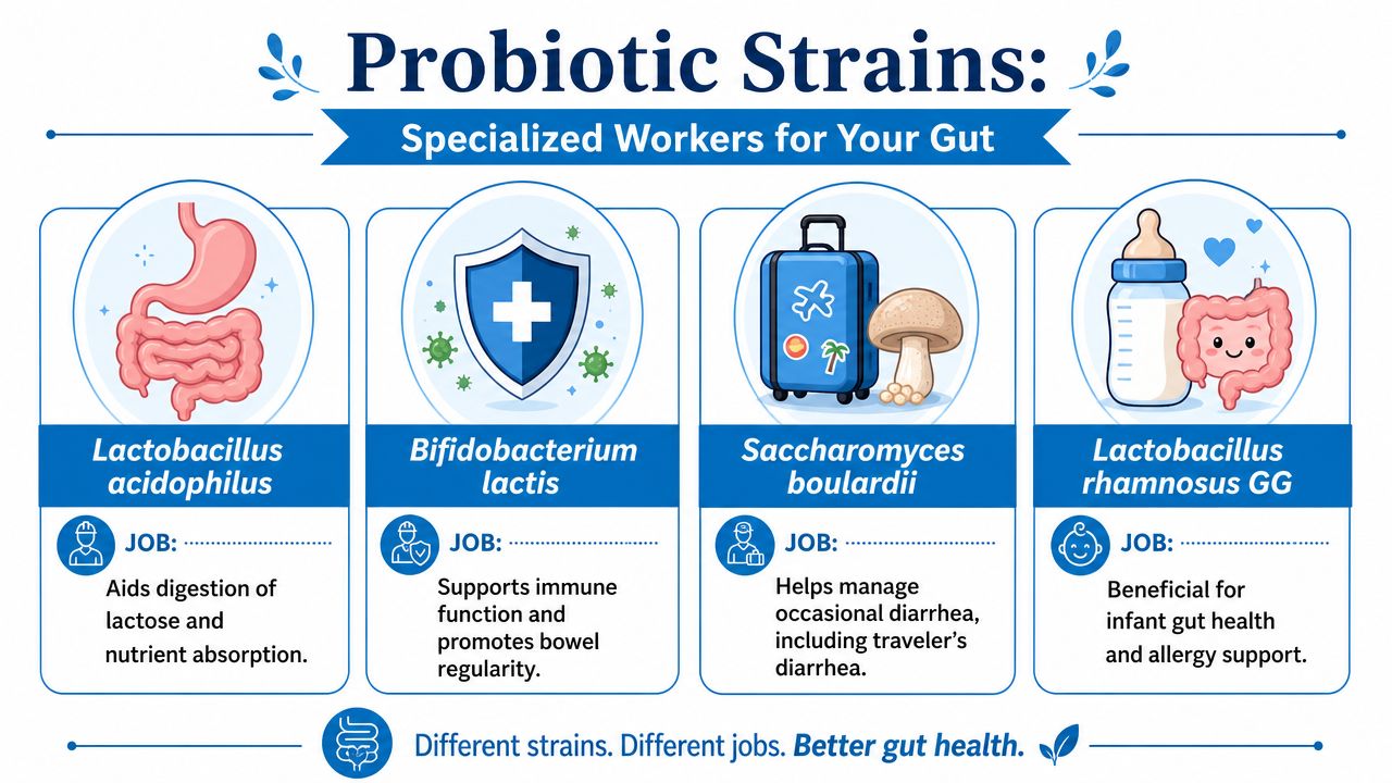 An infographic showing four probiotic strains and their specific health benefits for the human digestive system.