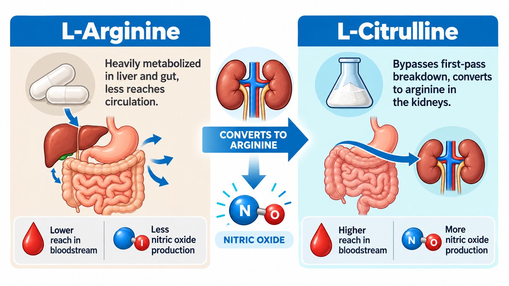 An infographic comparing L-Arginine and L-Citrulline supplements, highlighting their different metabolic pathways and effects on nitric oxide production.