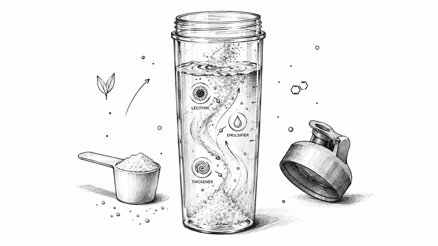 A sketched illustration of a protein shaker bottle showing ingredients like lecithin, emulsifier, and a thickener.