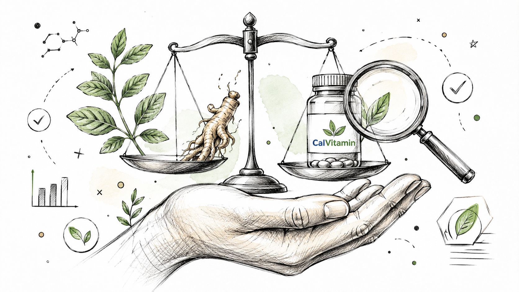 A hand holding a balance scale weighing a plant root against a bottle of CalVitamin supplements.