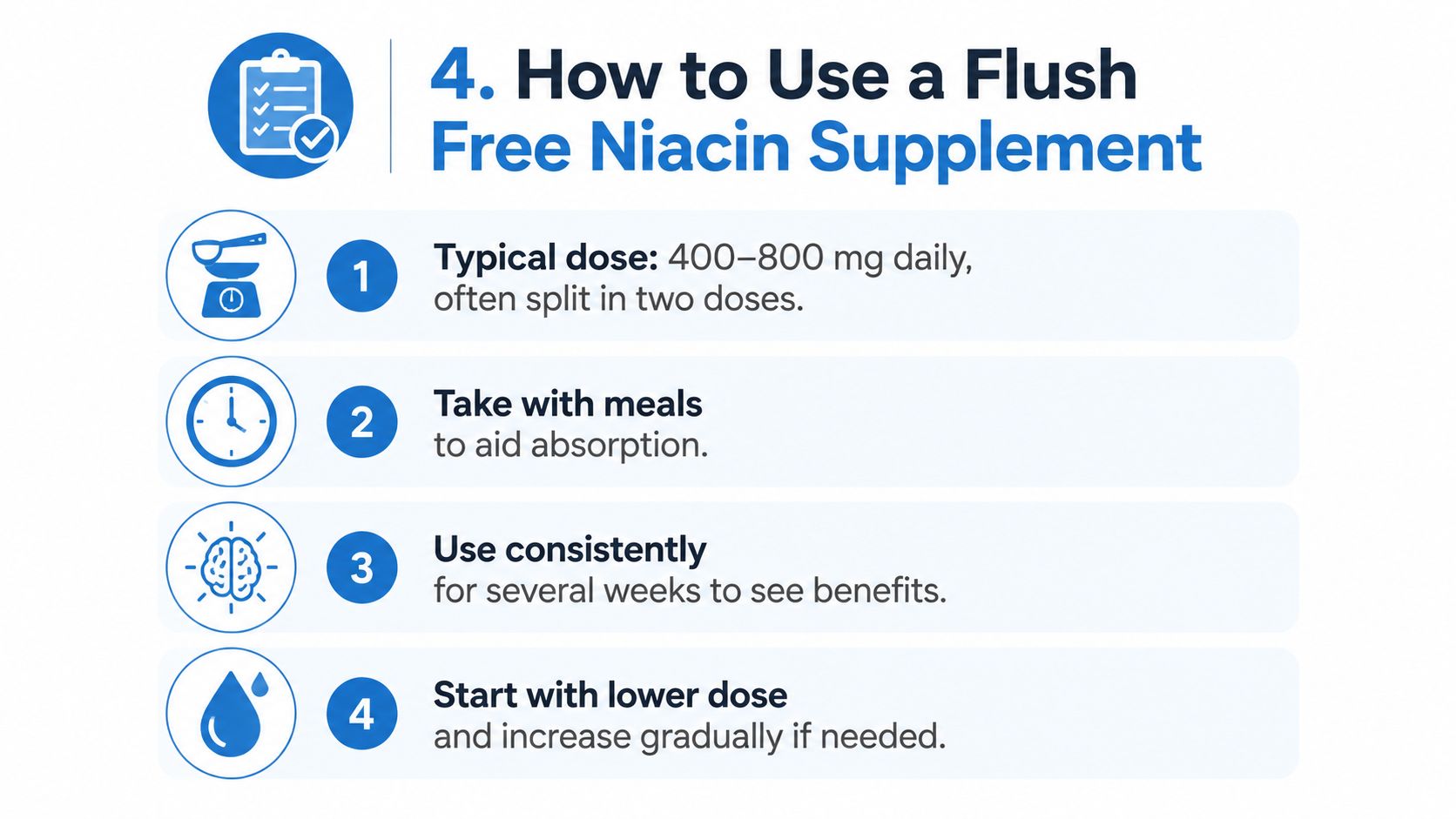 An infographic detailing four guidelines for taking a flush-free niacin supplement, including dosage, timing, and consistency tips.