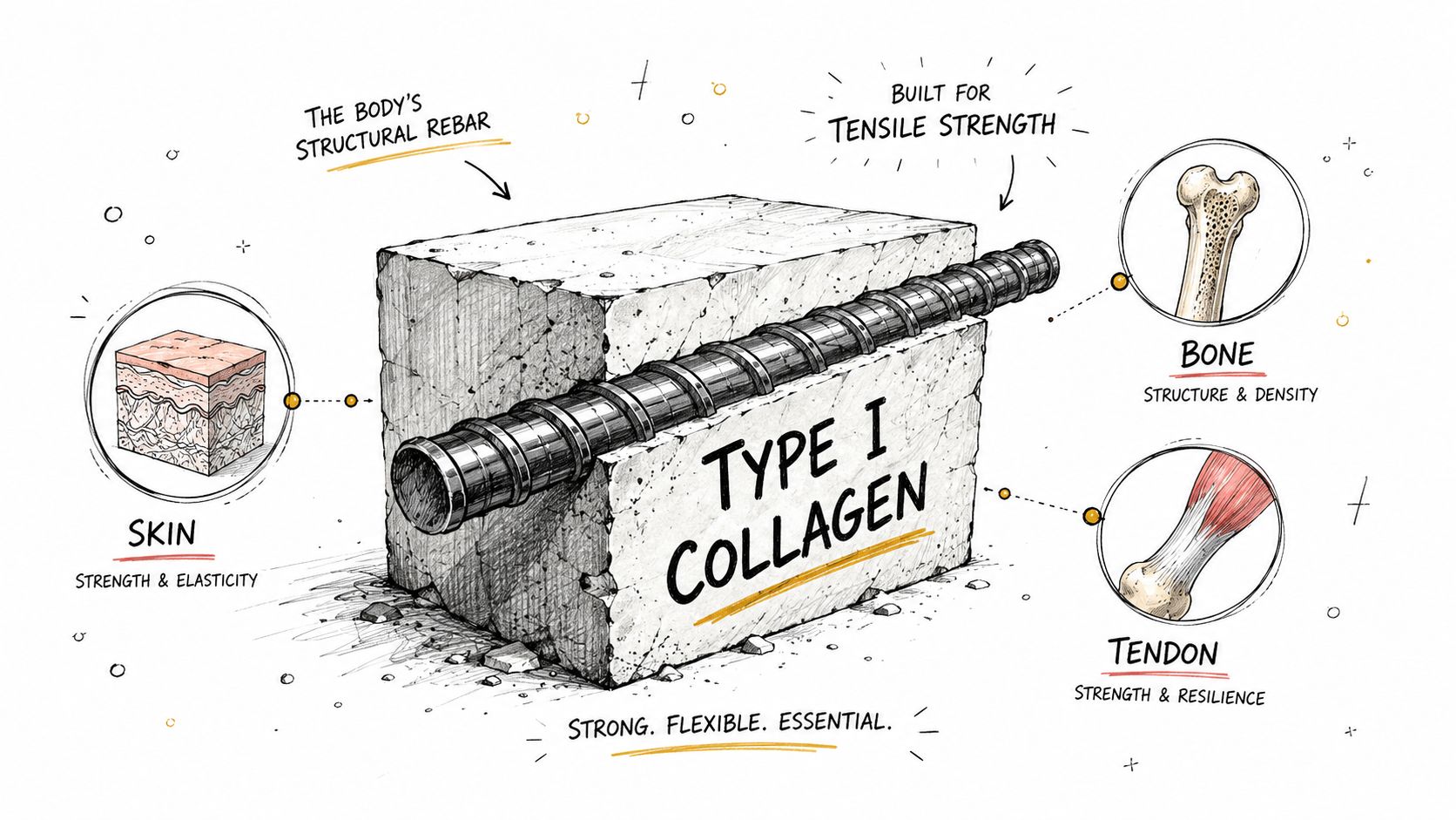 A diagram illustrating type I collagen as structural rebar connecting skin, bone, and tendon tissues.