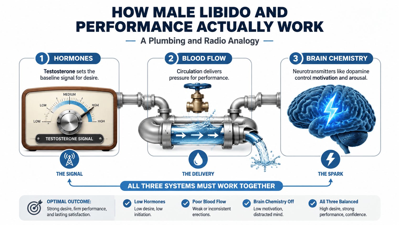 A diagram explaining how male libido, performance, and brain chemistry interact using plumbing and radio analogies.