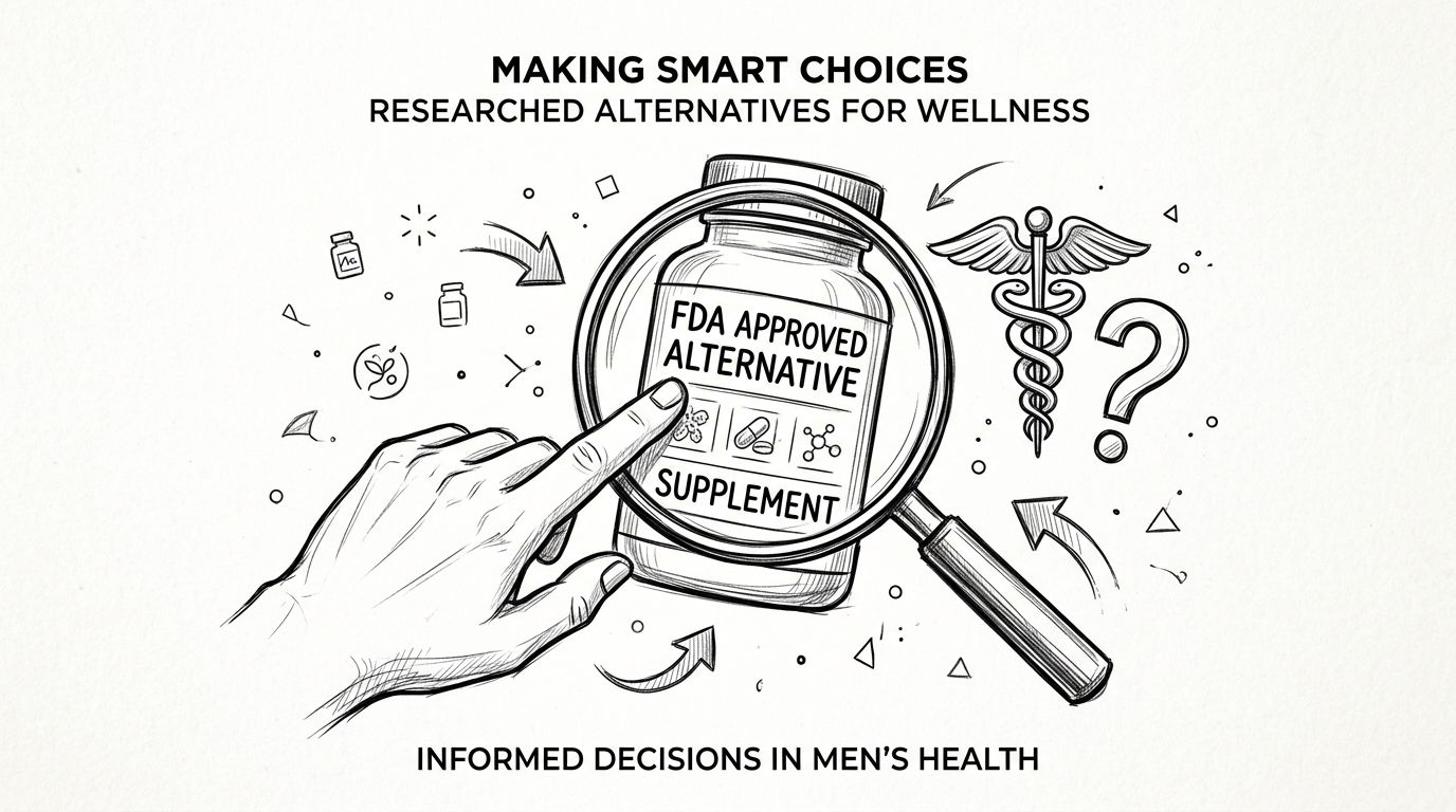 A hand examines a supplement bottle labeled FDA approved alternative using a magnifying glass for health research.
