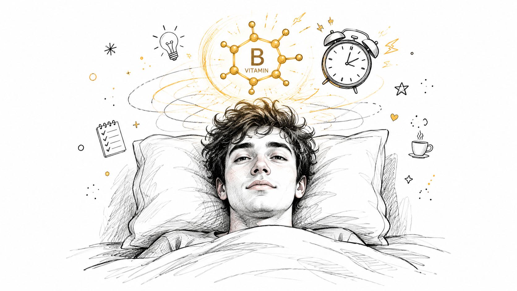 A man lying in bed thinking about B vitamins, an alarm clock, and a daily checklist at night.