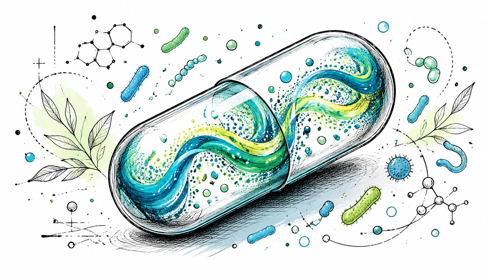 A artistic illustration of a translucent medical capsule filled with vibrant blue and green swirling probiotic bacteria.