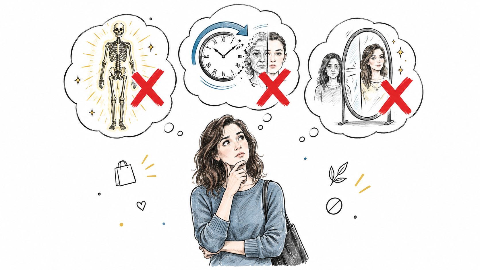 A woman thinking about anti-aging, bone health, and skin appearance with red cross marks representing concerns.