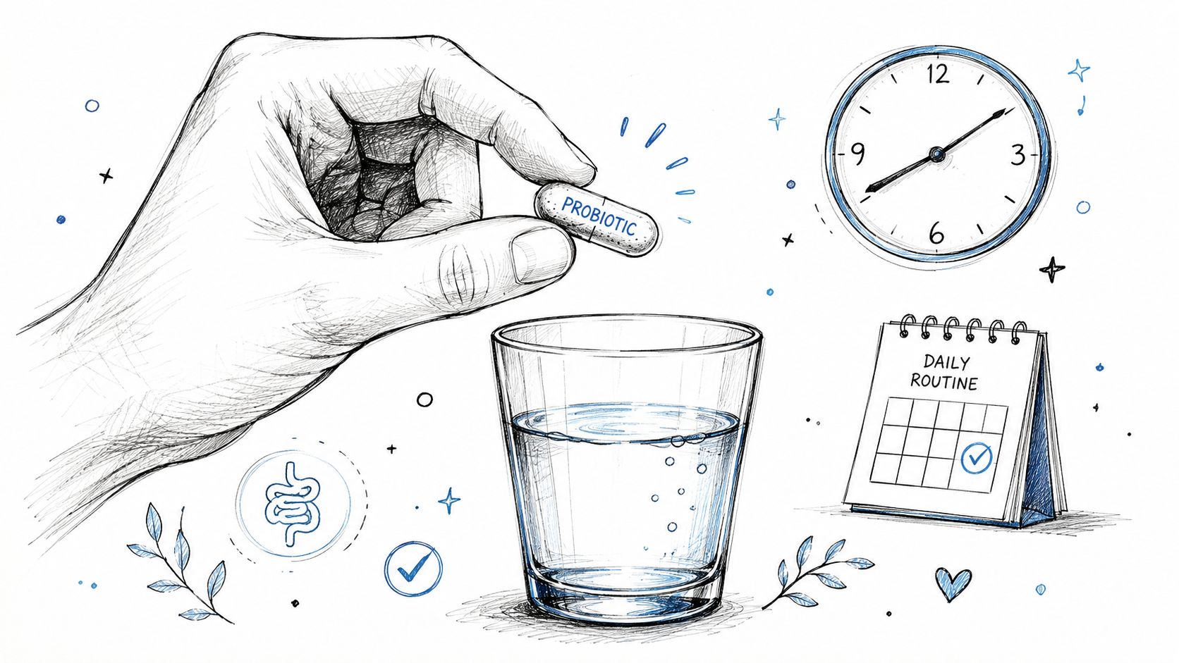 A hand holding a probiotic pill above a glass of water with a clock and calendar nearby.