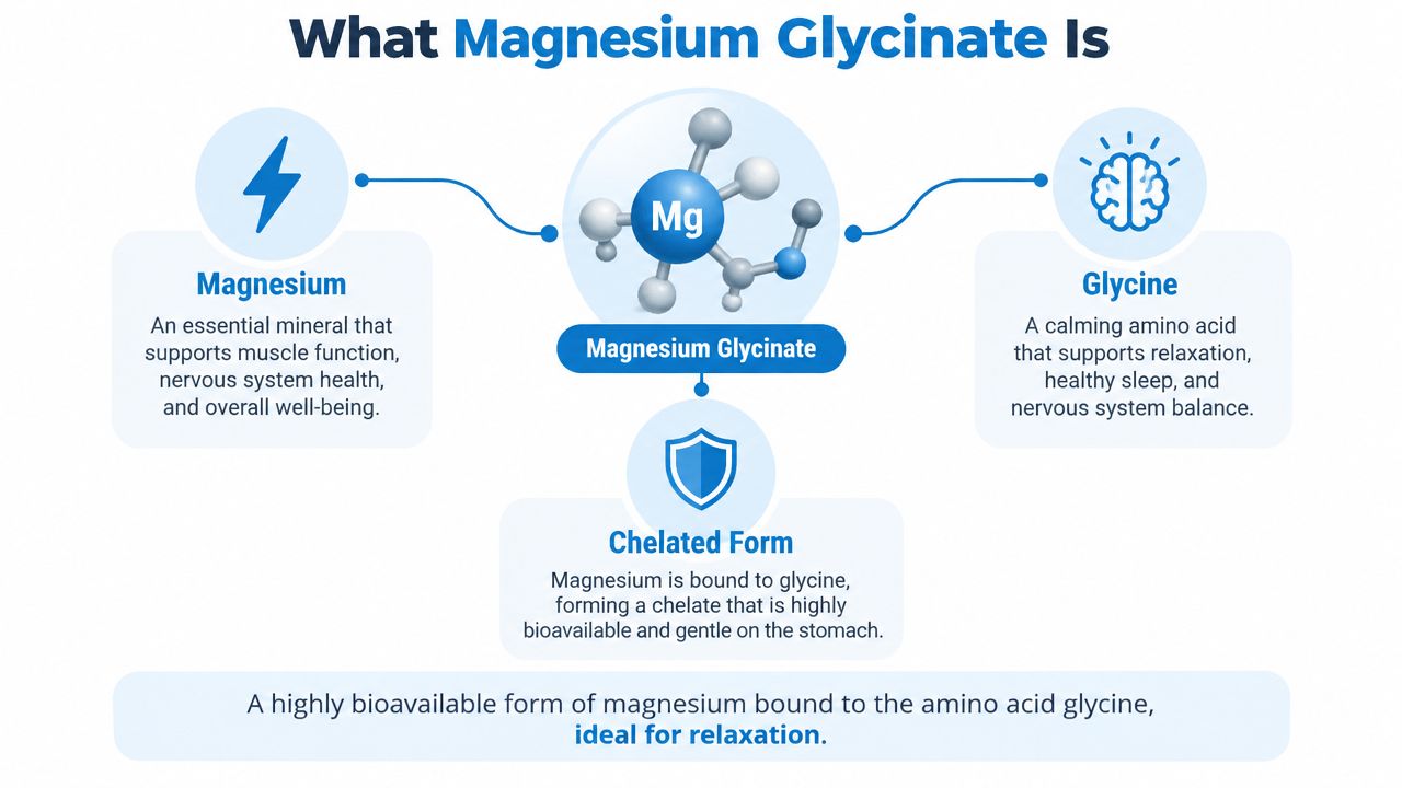 An infographic explaining that magnesium glycinate is a highly bioavailable combination of magnesium and the amino acid glycine.