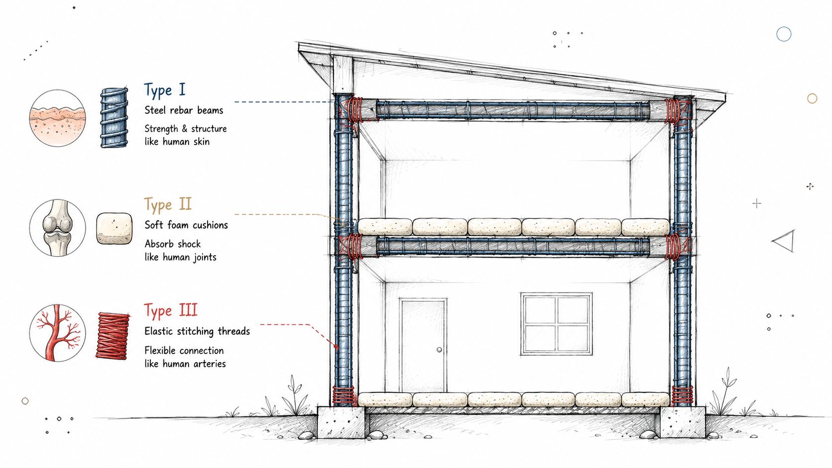 A cross-section sketch comparing biological structures to architectural design elements in a two-story house.