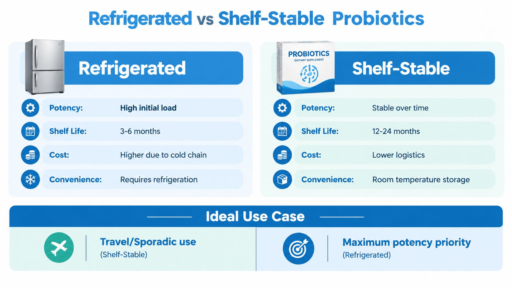 A comparison chart outlining the differences between refrigerated and shelf-stable probiotics including potency, shelf life, cost, and convenience.